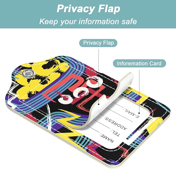 Rimilak 3 Pcs PU Leather Luggage Tags for Suitcase, Travel Cruise Luggage Tag with Privacy Flap, Name ID Label and Metal Loop for Women Men Baggage Handbag School Bag Backpack, Graffiti