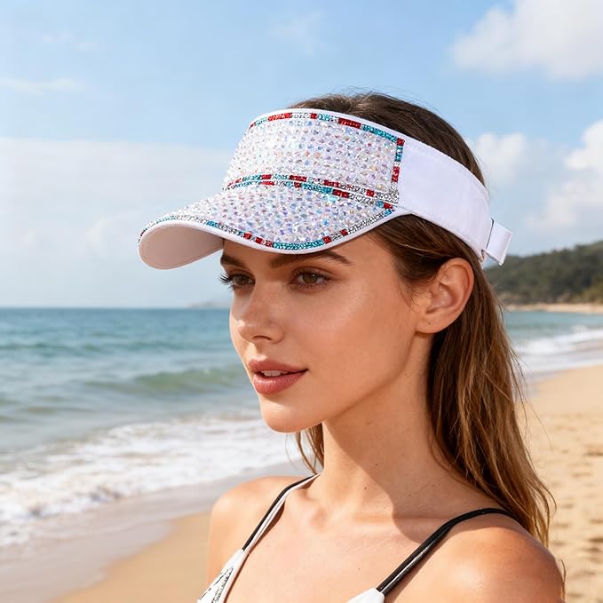 Bling Shiny Rhinestone Sports Sun Visor Hat for Women Summer Adjustable Breathable Beach Visor Caps Running Golf Sun Hat