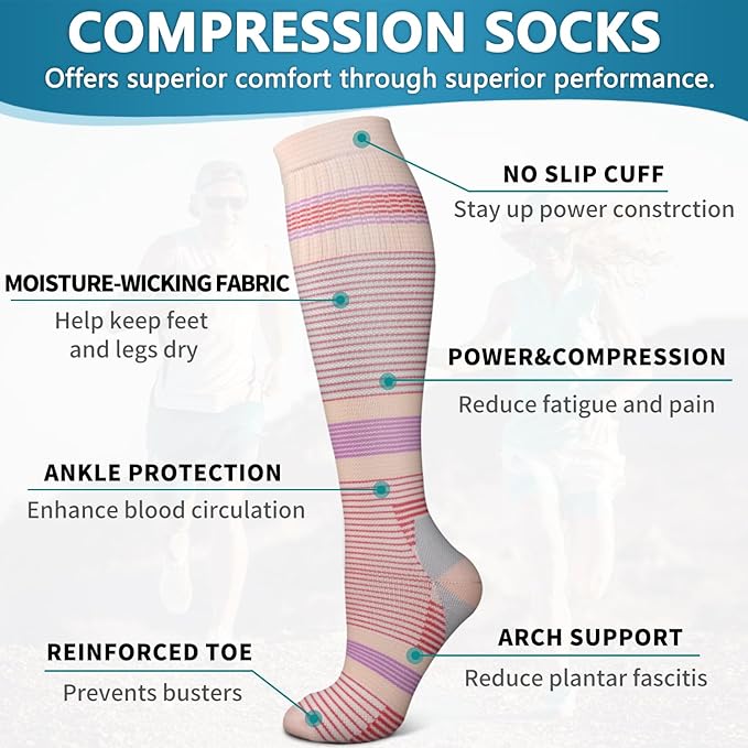 Bluemaple 6 Pack Copper Compression Socks for Women and Men Circulation-Best Support for Medical, Running,Nursing,Athletic