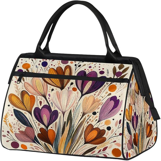 Large Travel Duffle Bag for Women Men,Waterproof Weekender Overnight Bag Carry on Tote Bags for Gym Sport Business Trip,Boho Floral On Beige Duffel Bags