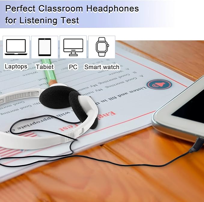 Yunsailing 30 Pack Bulk Headphones Set Over Ear Headphones with Adjustable Headband 3.5mm Plug Headsets Earphones for Learning Program, Computer Lab, Library, Testing & Multimedia Use (White)