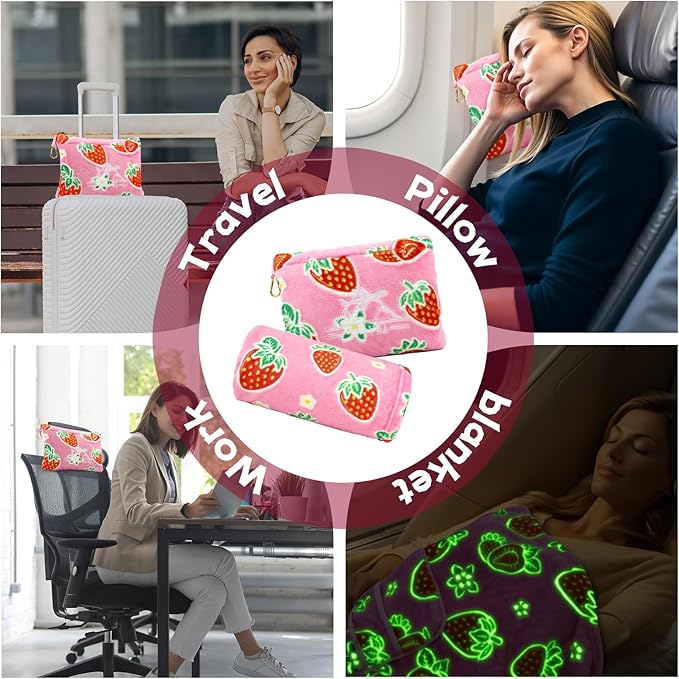 Strawberry Blanket and Pillow Set - Glow in The Dark Kids Travel Blanket Airplane Compact, Soft Fuzzy Pink Fruit Fleece Throws for Car, Plane, Traveling - Cute Strawberry Gifts for Girls 40"x60"