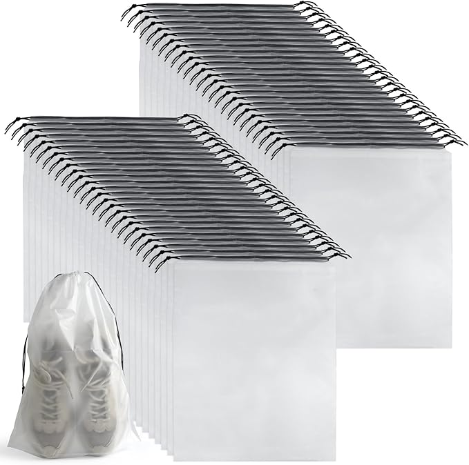 50 Pcs Shoe Bags for Travel，PLULON 15.7" x 11.8" Clear Drawstring Storage Plastic Bags Shoes Organizer for Packing Waterproof Dustproof Women Men Portable Travel Essentials