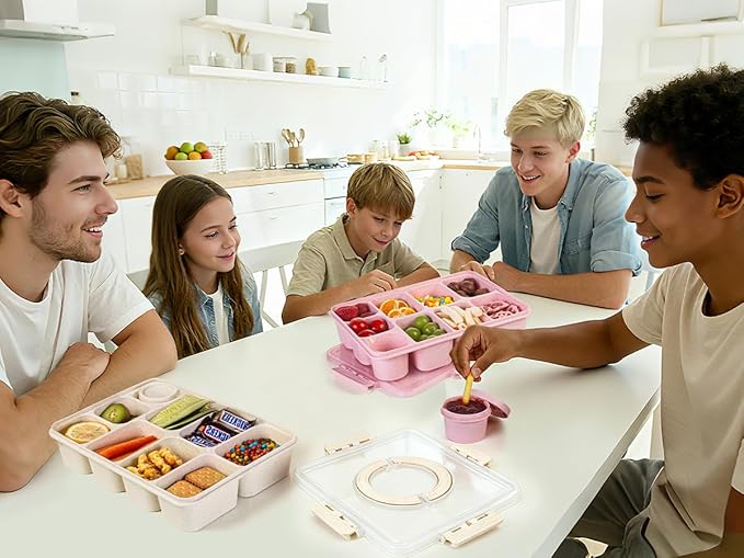 Wheat Straw Snackle Box Container,Dishwasher Safe-9 Compartment Divided Serving Tray with Lid and Handle, Built-in Dip Containers,BPA-Free,White