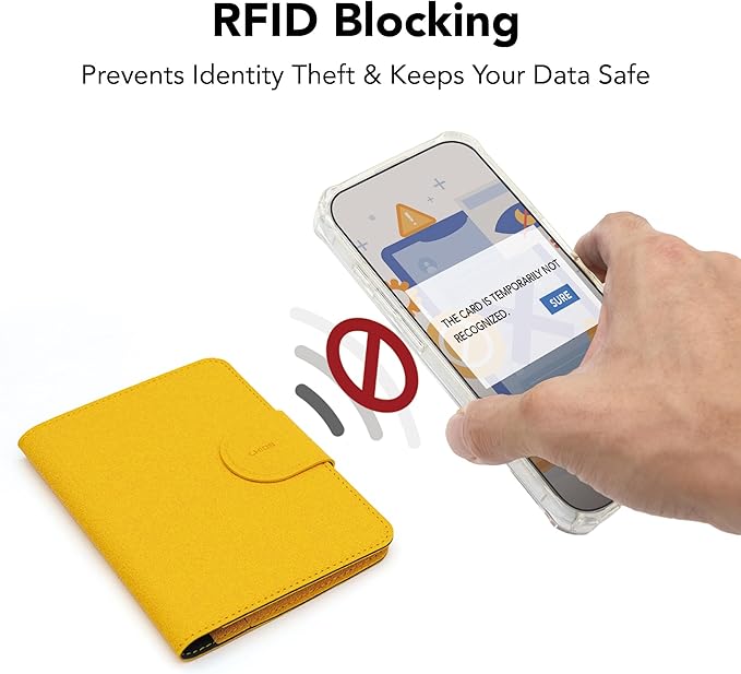 LHiDS Leatherette Passport Holder with RFID Protection, Premium PU Leather, Snap Button Closure, Travel Passport Wallet Cover for Passport, Boarding Passes, Business Cards, Cash (Yellow)