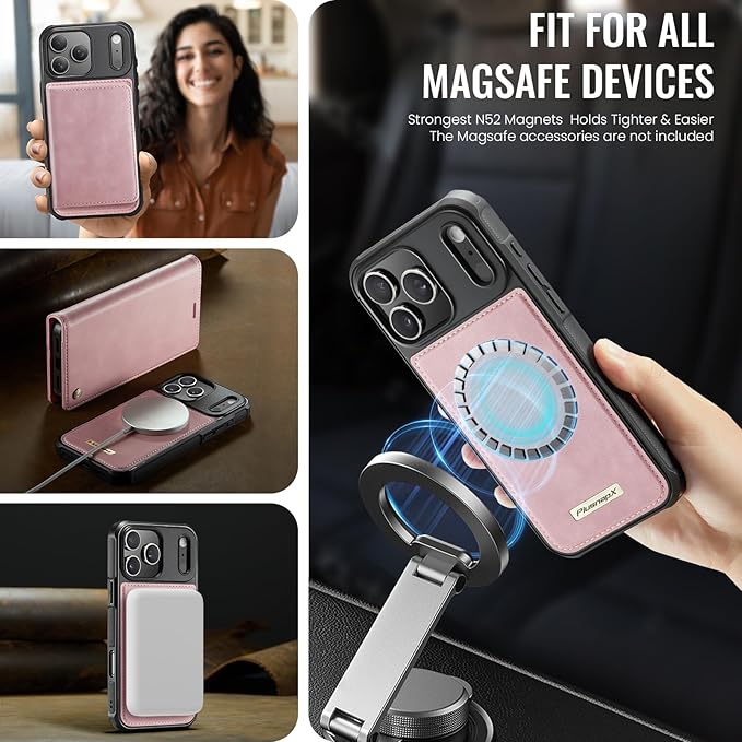 PlusnapX Wallet Case for iPhone 17 Pro Max Compatible with Magsafe, 2-in-1 PU Leather Flip RFID Blocking Card Holder Stand Shockproof Magnetic Detachable Cover for iPhone 17 Pro Max Case 6.9", Pink