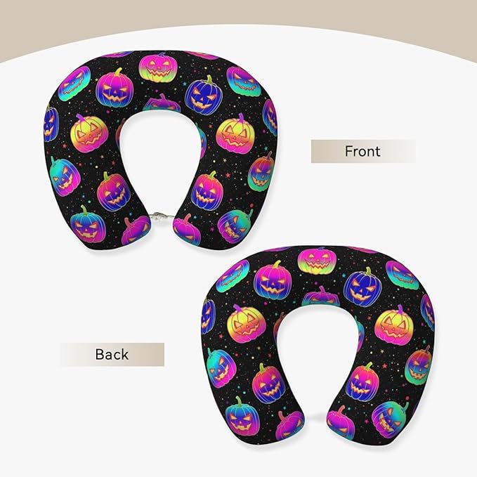 Neck Travel Pillow, Breathable Memory Foam Chin & Head Support Cushion Halloween Trippy Neon Pumpkin Skull for Airplane Car Sleeping Rest