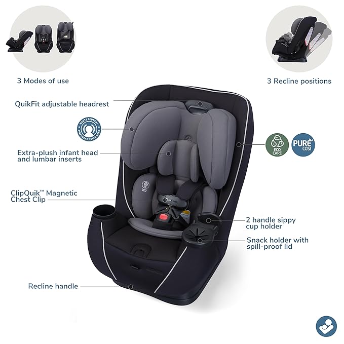 Maxi-COSI Pria Max+ All-in-One Baby Convertible Car Seat, Rear Facing, Forward Facing Infant Toddler Booster, Easy Latch Install, Magnetic Buckle, Adjustable Harness, Cup Holders, Sea Shadow
