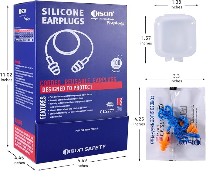 Dison 100Pairs Silicone Ear Plugs, 32dB Corded Reusable Earplugs for Hearing Protection, Noise Reduction for Shooting Range, Work, Travel