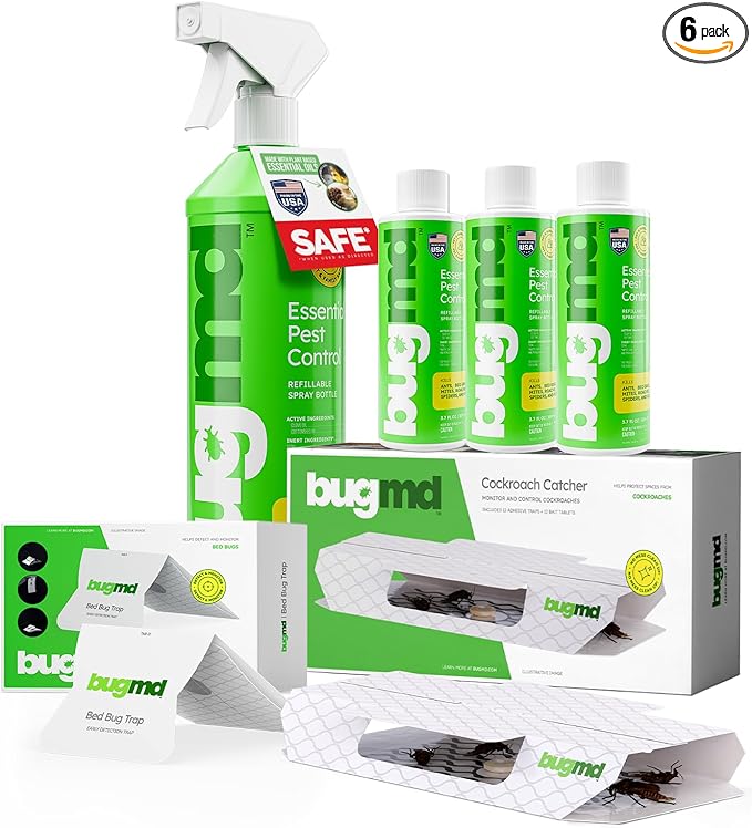 BugMD Essential Pest Control Concentrate (3 Pack) with Spray Bottle 32 oz, Cockroach Catcher (1 Pack) and Bed Bug Trap (1 Pack) Bundle