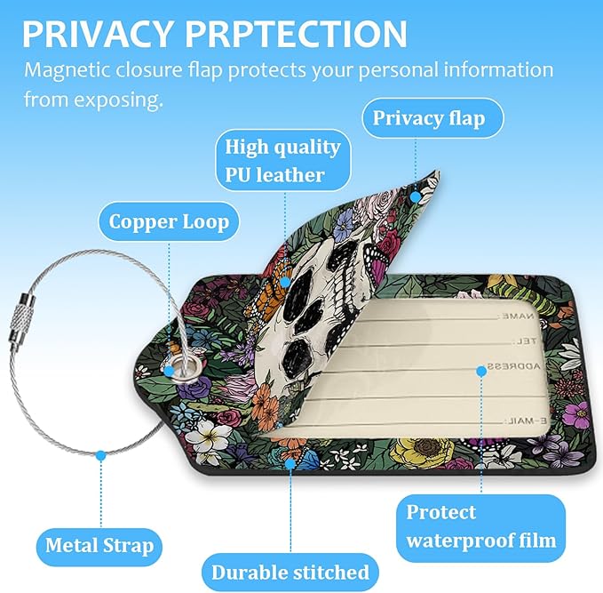 2 Pack Luggage Tag for Suitcase,Skull Flowers Luggage Tag with PU Leather Privacy Cover ID Label & Stainless Steel Loop for Women Men Travel Bag Suitcase