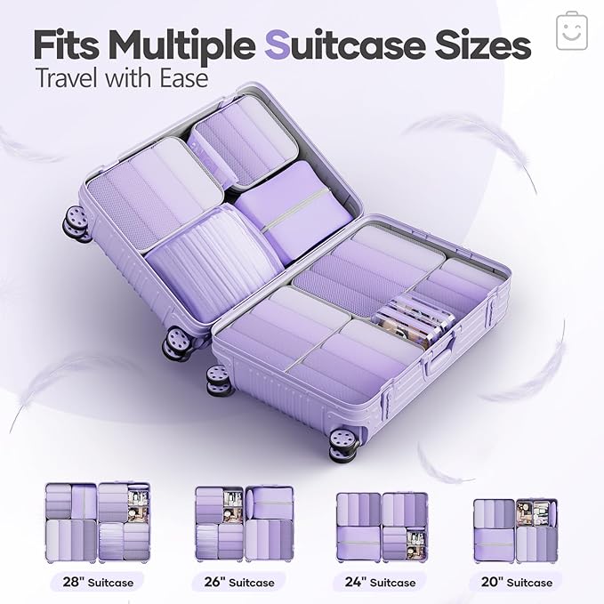 Veken 11 Set Compression Packing Cubes for Travel Essentials,Compressible Expandable Large Luggage Suitcase Organizer Bags for Clothing,Durable Space Saver Storage Bags(Light Purple)