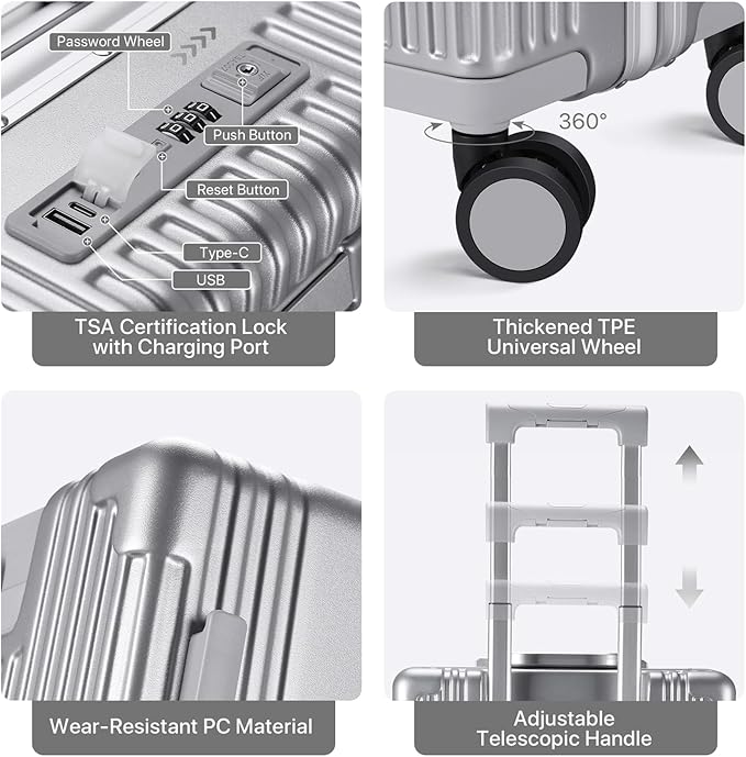 MRPLUM Front Pocket Carry On Luggage,PC Hardside Spinner Wheel Suitcase with TSA Lock,Cup Holder,Phone Holder&USB Charging Port,Silver(1 Piece)