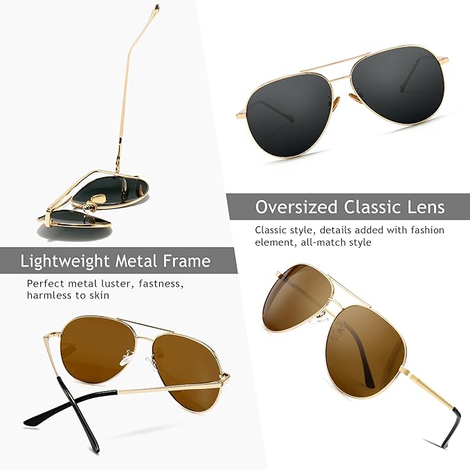 SUNGAIT Women's Lightweight Oversized Aviator Sunglasses - Classic Style Polarized Lens
