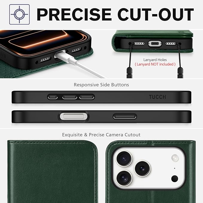 TUCCH Wallet Case for iPhone 17 Pro Max (6.9") 2025, 3 Credit Card Holders, RFID Blocking, Stand, PU Leather, Shockproof TPU Interior Shell, Protective Flip Folio Cover, Midnight Green