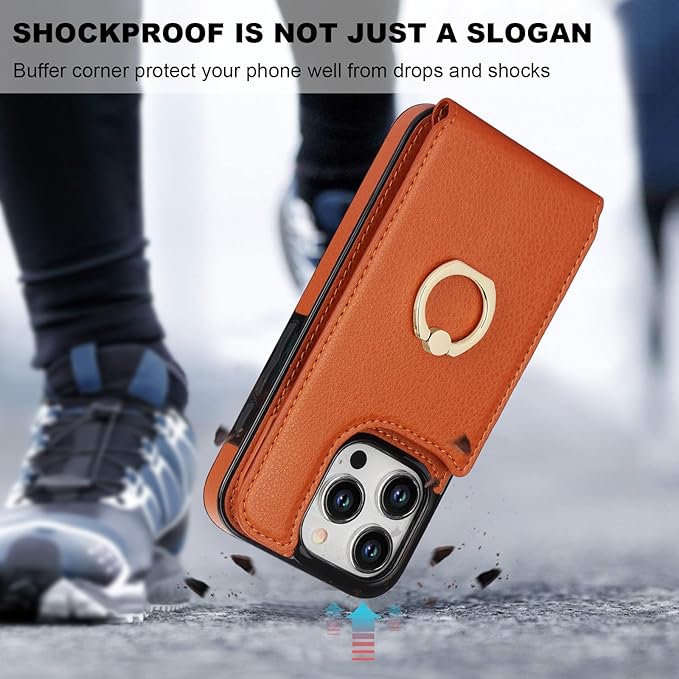 Folosu Compatible with iPhone 15 Pro Case Wallet with Card Holder, 360°Rotation Finger Ring Holder Kickstand, RFID Blocking Leather Protective Double Buttons Shockproof Cover 6.1 Inch Brown