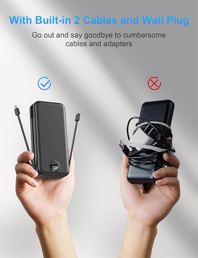 Portable Charger with Wall Plug, 20000mAh USB C Fast Charging Power Bank, External Battery Pack with Built in Cables, Digital Display, 5 Output 2 Input for iPhone Android Cell Phone Tablet