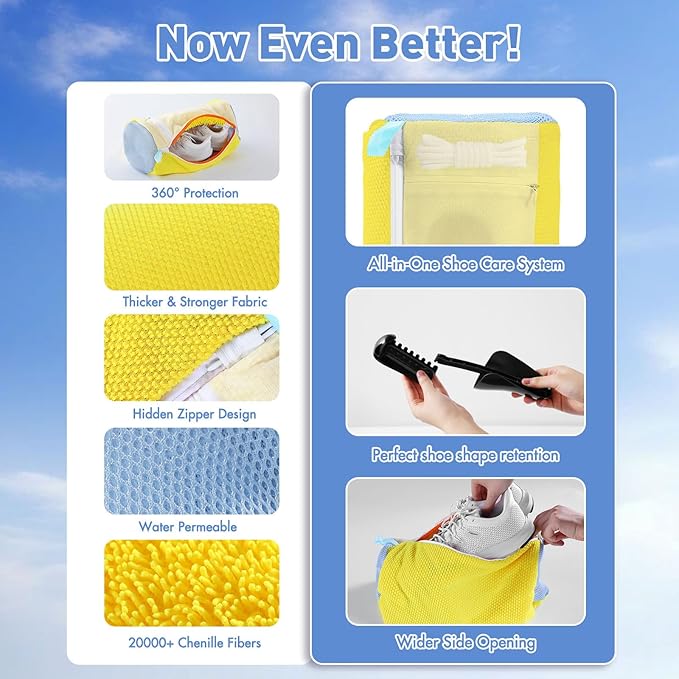 Shoe Bag for Washing Machine - Reusable Sneaker Tennis Shoes Cleaner Bag with Laces & Insoles All-in-One Cleaning Pockets No Tangling, Home Travel Laundry Shoe Bag w/Shoe Trees Keep Shape, Yellow 2pcs