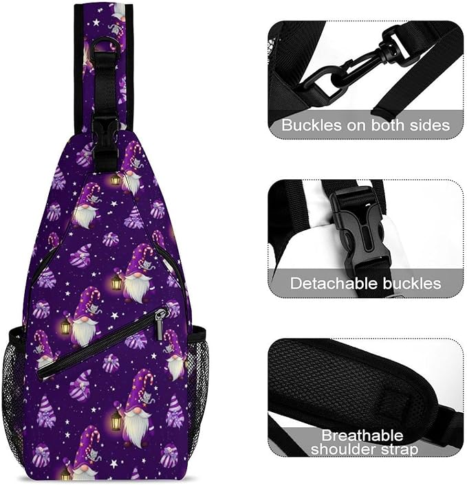 SWEET TANG Cool Sling Backpack for Men Women, Multipurpose Crossbody Shoulder Bag Gnome Purple, Travel Hiking Zippered Daypack, Adjustable and Breathable