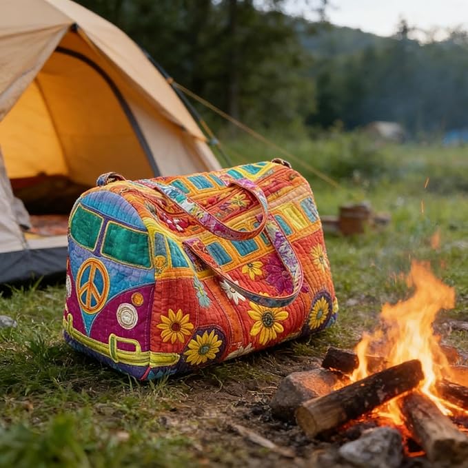 Hippie Journey Quilted Duffel Bag Hippie Van Travel Duffel Bag Vintage Floral Weekender Overnight Bags Women Gym Bags