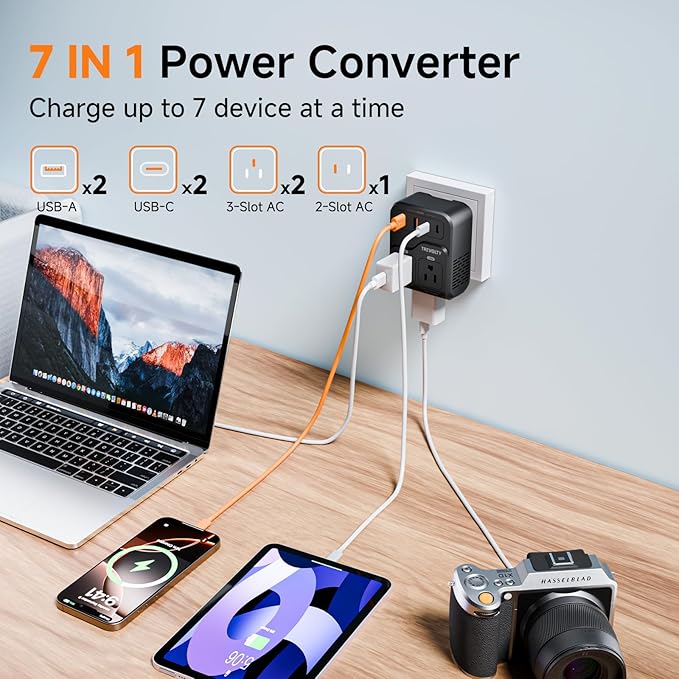 2000W Voltage Converter US to Europe, 220V to 110V Converter for Hair Dryer, 7-in-1 European Travel Plug Adapter with 3AC/2USB-A/2USB-C (PD20W), Travel Essentials with US/JP/FR/DE/UK/AU/EU
