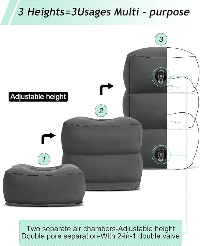 JefDiee Inflatable Travel Foot Rest Pillow, Kids Airplane Bed, Adjustable 3 Layers Height Leg Rest Pillow, Adults Travel Essentials Great for Airplane, Office, Home, Trains, Cars (2 Pack-Dark Grey)