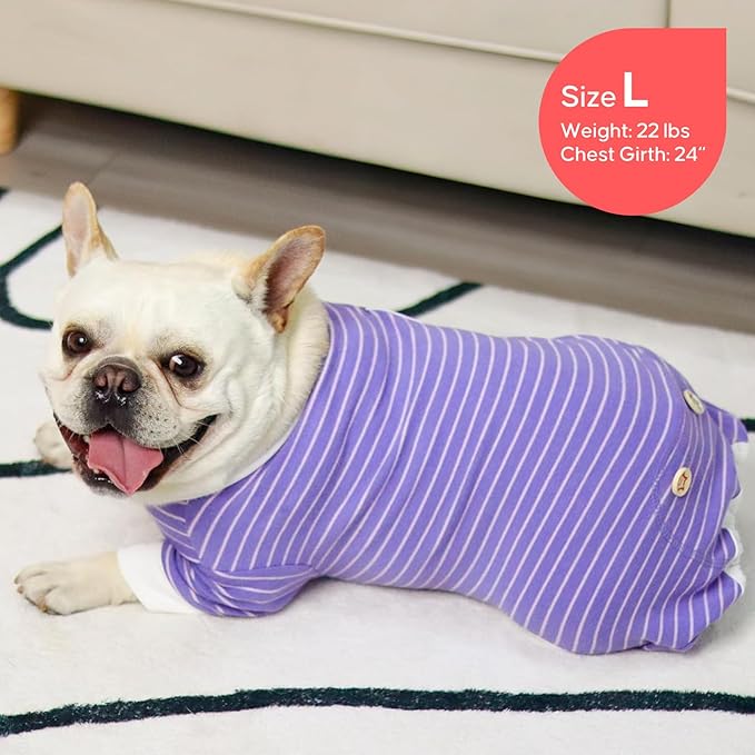 KYEESE Dog Pajamas Striped Pet Jumpsuit Soft Doggie Jammies Lightweight Onesie 4 Legs PJS Stretchable Dog Pajamas Breathable Costumes Comfortable Sleepwear for Small Dogs,Purple Striped, X-Large
