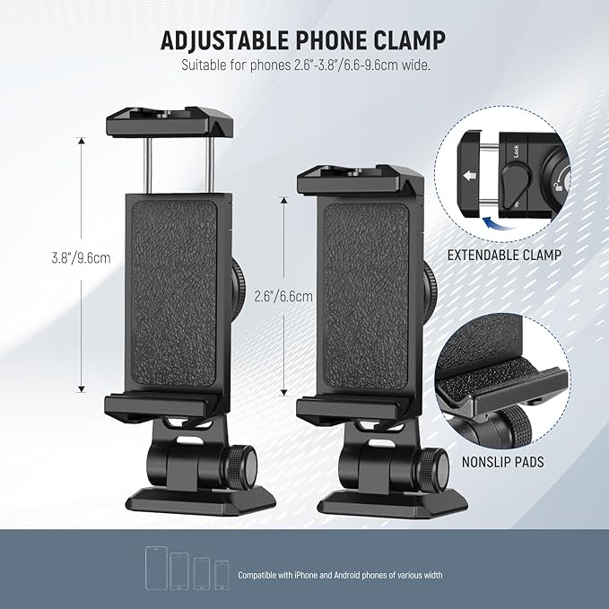 NEEWER SP-02 Phone Tripod Mount Adapter with Arca Type Quick Release Plate Cold Shoe 360° Rotation 180° Tilt Cleaning Cloth, Foldable Holder Compatible with iPhone Android Samsung for Video Recording