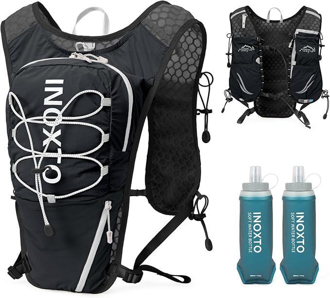 Running Vest for Women Men, Adjustable Chest Straps Running Hydration Vest with 500ml Soft Flask, Lightweight Breathable Reflective Hydration Backpack for Hiking