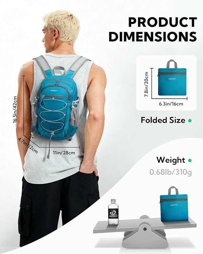 WATERFLY Small Lightweight Packable Backpack: 15L Mini Ultra Light Foldable Travel Daypack with Breathable Shoulder Strap Outdoor Hiking Camping Day Pack for Women Men Blue