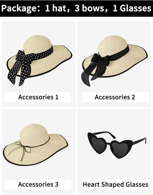 Senker Fashion Sun Hats for Women, Wide Brim Floppy Beach Straw Hat for Summer Travel Vacation Foldable with Sunglasses