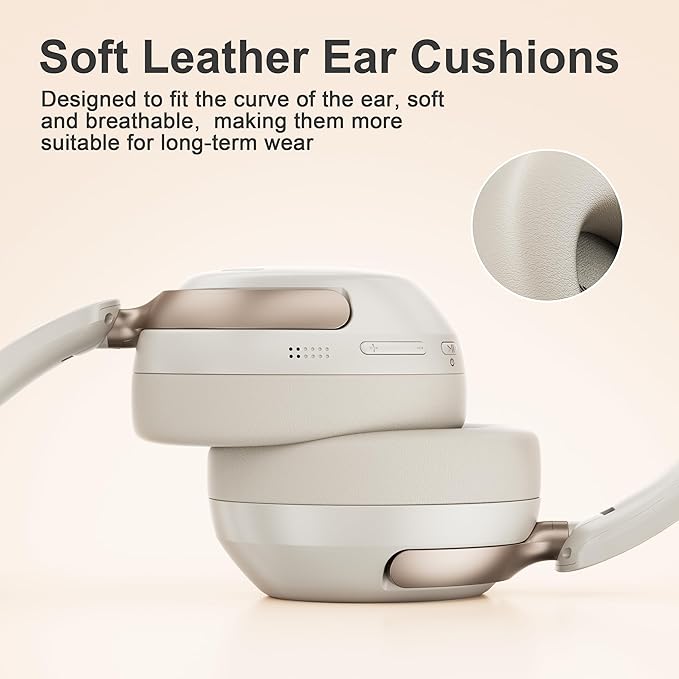 LORELEI Q30 Bluetooth Headphones Over Ear,60H Playtime & 3 EQ Music Modes,BT6.0 Headphones Wireless with Mic,Foldable Lightweight Headsets,HiFi Stereo Deep Bass for Home Travel iPad Tablet-Beige White