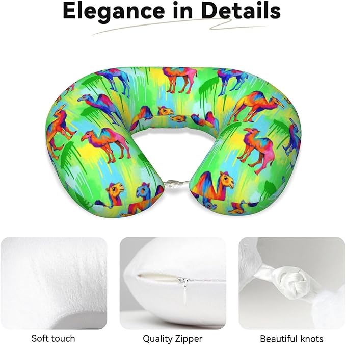 Funny Neck Pillow Support for Car Flight Rest Llama Alpaca Watercolor Camels Painting, Memory Foam U Shaped Decor Head Cushion for Home Outdoors Travel