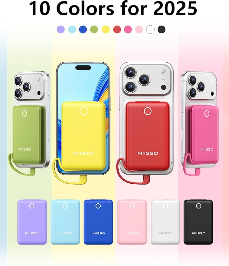 miisso 10000mAh Mini Portable Charger with Built in Cable, Pocket Size Power Bank Travel External Battery Pack for Phone, 3 Output USB Type C Cord Clutch Compatible with iPhone, Samsung, Yellow