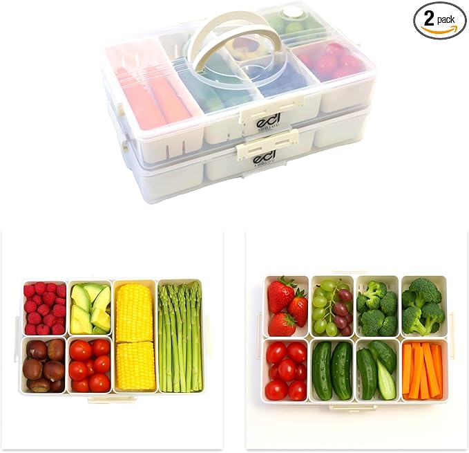 Stackable Snackle Box Organizer – 14 Compartments, BPA-Free & Portable with Lids & Handles – Reusable, Dishwasher & Microwave Safe Snacklebox for Fruits, Veggies & Snacks (White, 2 Pack)