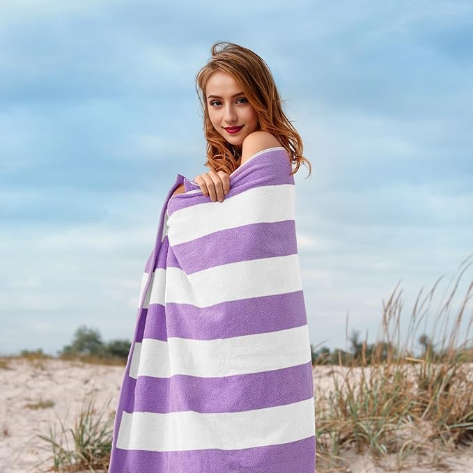 Cotton Oversized Beach Towel - 40 x70 Inch Extra Large Striped Pool Towel, Big Soft Terry Cloth Purple Cabana Swim Towel