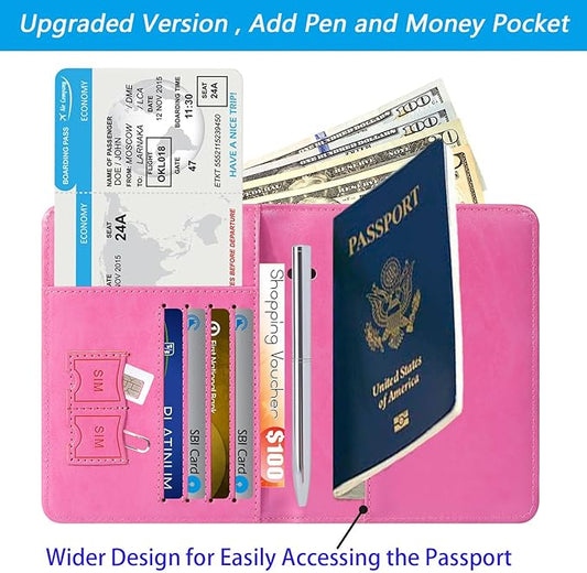 Passport Holder Cover Wallet Travel Essentials RFID Blocking Leather Card Case International Must Haves Travel Accessories for Women Men(113#Pink)