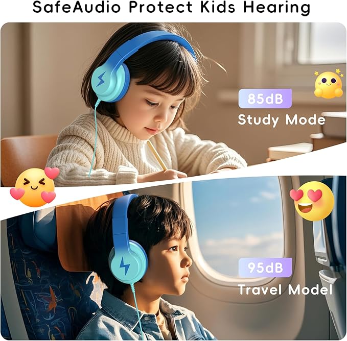 Kids Headphones, Wired Headphones for Kids with Microphone, 85/94dB Volume Limiter Headphone for Girls Boys, Foldable Headphone for Online Study, Gradient Blue