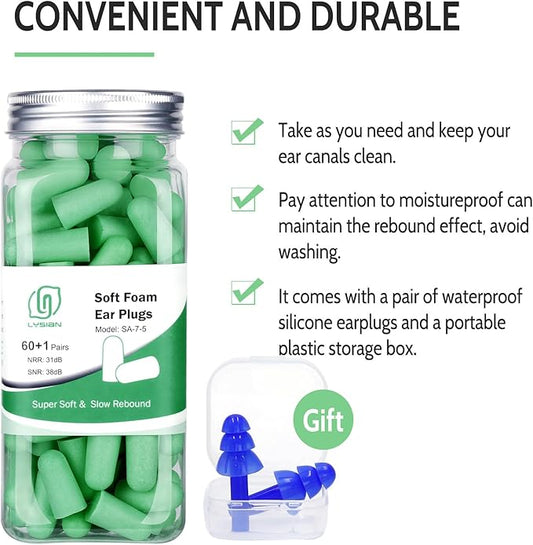 LYSIAN Ultra Soft Foam Earplugs for Sleep – 38dB SNR Disposable Ear Plugs for Sleeping, Snoring, Work & Shooting. Comfortable, Soundproof & Noise Cancelling – 60 Pairs (Green).
