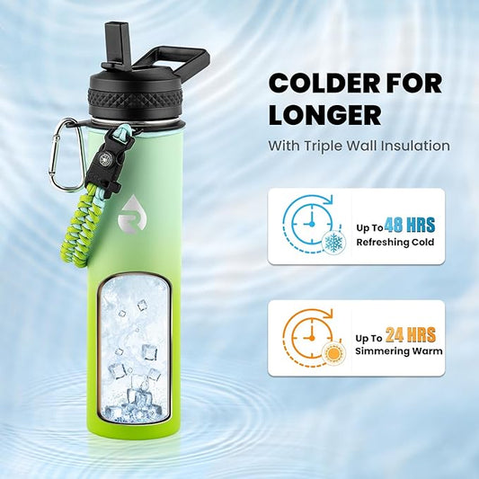 Insulated Water Bottle 24oz, Triple Wall Vacuum Stainless Steel (Cold for 48 Hrs, Hot for 24Hrs), Leak Proof & Non-BPA, 24oz Hydro Water Flask with Paracord Handle & Straw Spout Lids