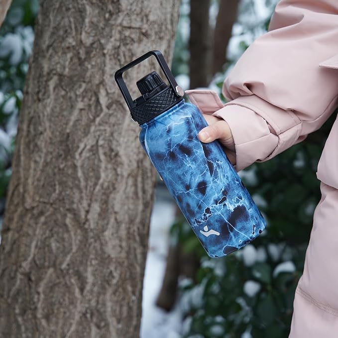 40oz Insulated Water Bottle Stainless Steel Sport Bottles with 3 Lids,Marble Ocean