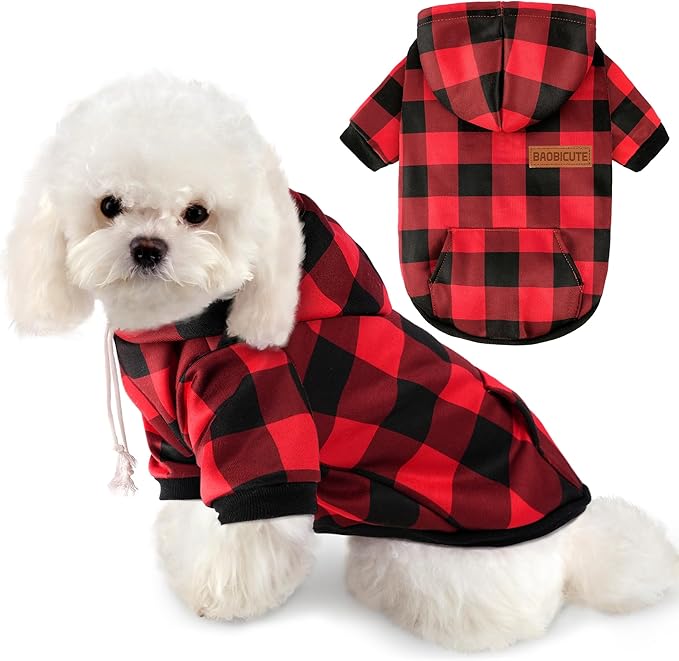 BAOBICUTE Dog Basic Hoodie Soft Dog Clothes Cold Weather Sweaters for Medium Large Dogs Cozy Fabric Warm Sweatshirt with Leash Hole (Red Plaid, XS (Back: 10.24",Chest: 14.96", Neck: 11.42"))