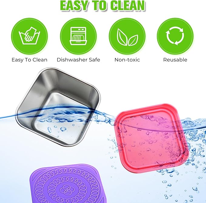 FJDCKJ Stainless Steel Snack Containers, Set of 4 Easy Open Leak Proof Small Food Containers with Silicone Lids, Reusable Metal Lunch Container for Lunch Boxes, Picnics and Travel
