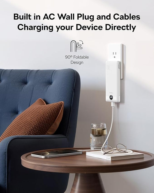 VEGER AC Wall Plug Portable Charger, 10000mah Slim Portable Charger Built in Cables, USB C Power Bank 15W Fast Charging, Travel Essential Battery Pack Compatible with iPhone, Android and More(Purple)