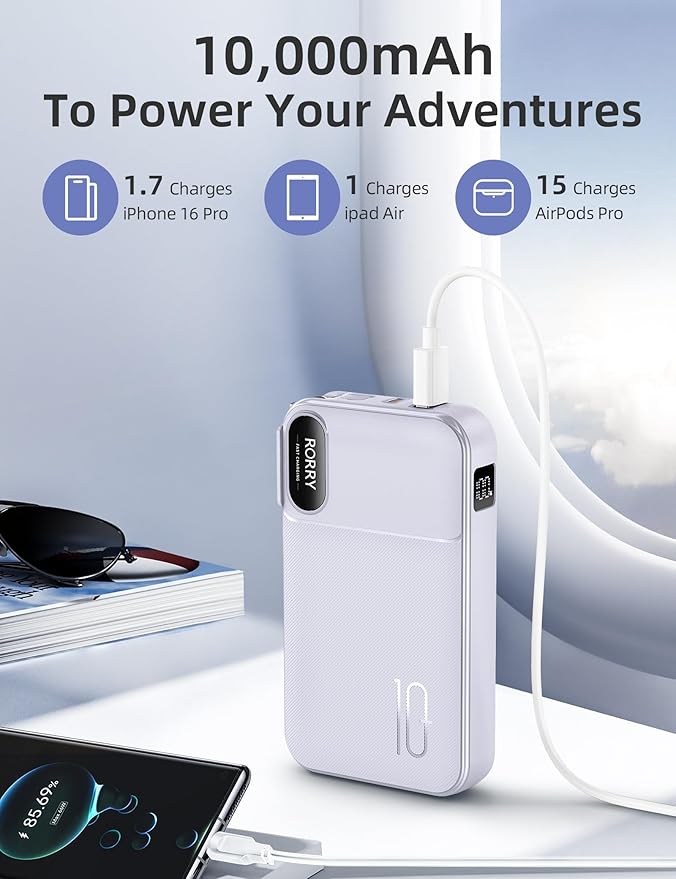 RORRY Portable Charger Built in Cables, AC Wall Plug in Portable Charger Power Bank 10000mAh Travel Battery Pack 22.5W Fast Charging for iPhone 17/16/15 Samsung Galaxy S24/S23 Pixel LG iPad, Purple
