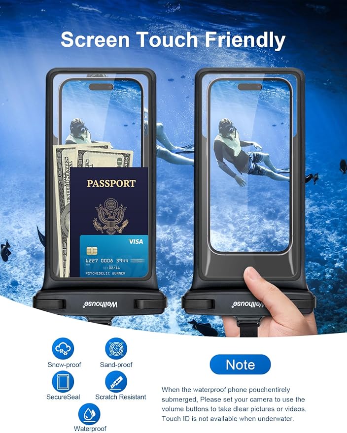 wellhouse Waterproof Phone Pouch, Waterproof Phone Case for iPhone 16 15 14 13 12 Pro Max XS Samsung, IPX8 3D Cellphone Dry Bag Beach Essentials (1 Pack - Black8.0, 8 inch)