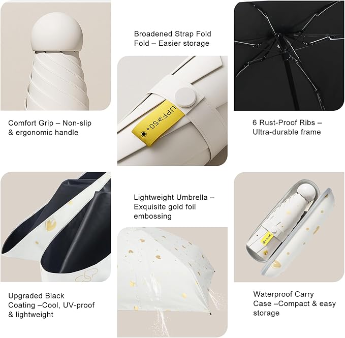Compact Travel Umbrella - Mini Manual Umbrella for Purse, Windproof & UPF 50+ Sun & Rain Protection, Lightweight Portable Folding with Case for Women, Men，Kids