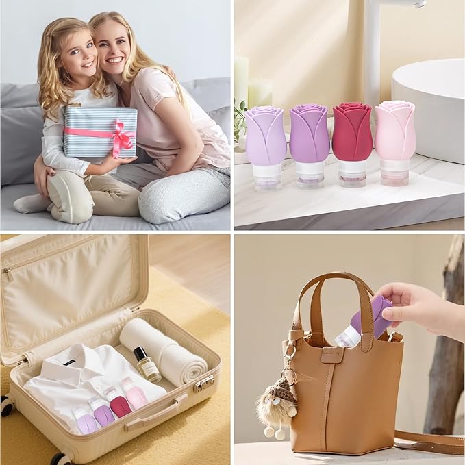 Travel Containers Bottle for Toiletry 4 Pack 3oz Leakproof TSA Approved & Refillable Mini Cream Jars, Silicone Squeeze Tube Rose Bottles for Shampoo Lotion Body Wash BPA Free +Bag, Red Pink Rose