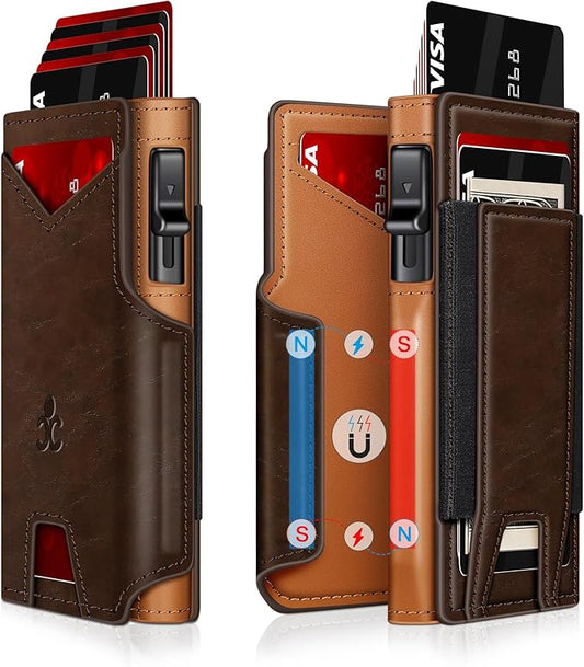 Wallet for Men Wallet with Slim Pop Up Card Holder 9-13 Cards, Bifold Minimalist Smart Wallet RFID Blocking Credit Card Holder with ID Window & Stretchable Cash Slot Compact Metal Aluminum Card Case