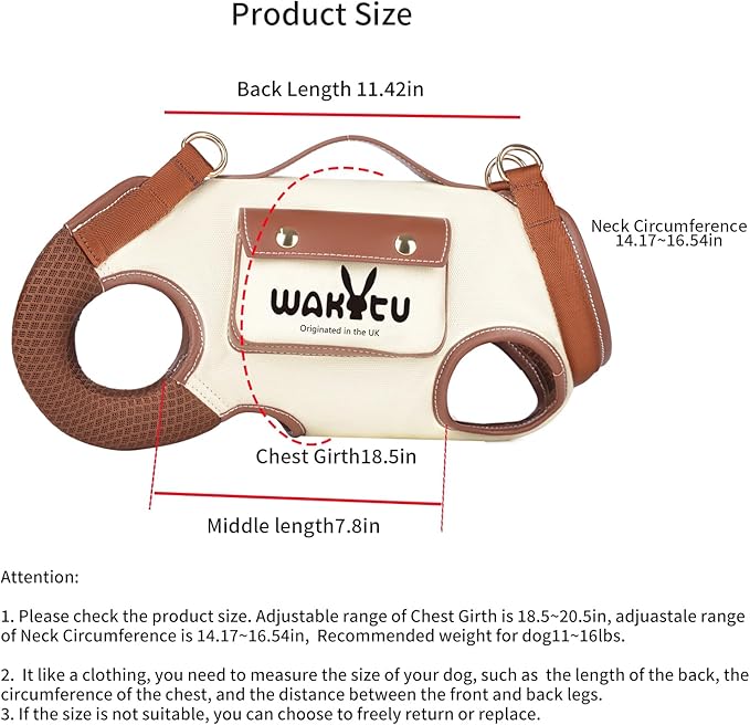 Wakytu Dog Lift Harness Dog Carrier VES Harness Adjustable Leash with Small Puppy Treat Bag,Fits Most Cars,L
